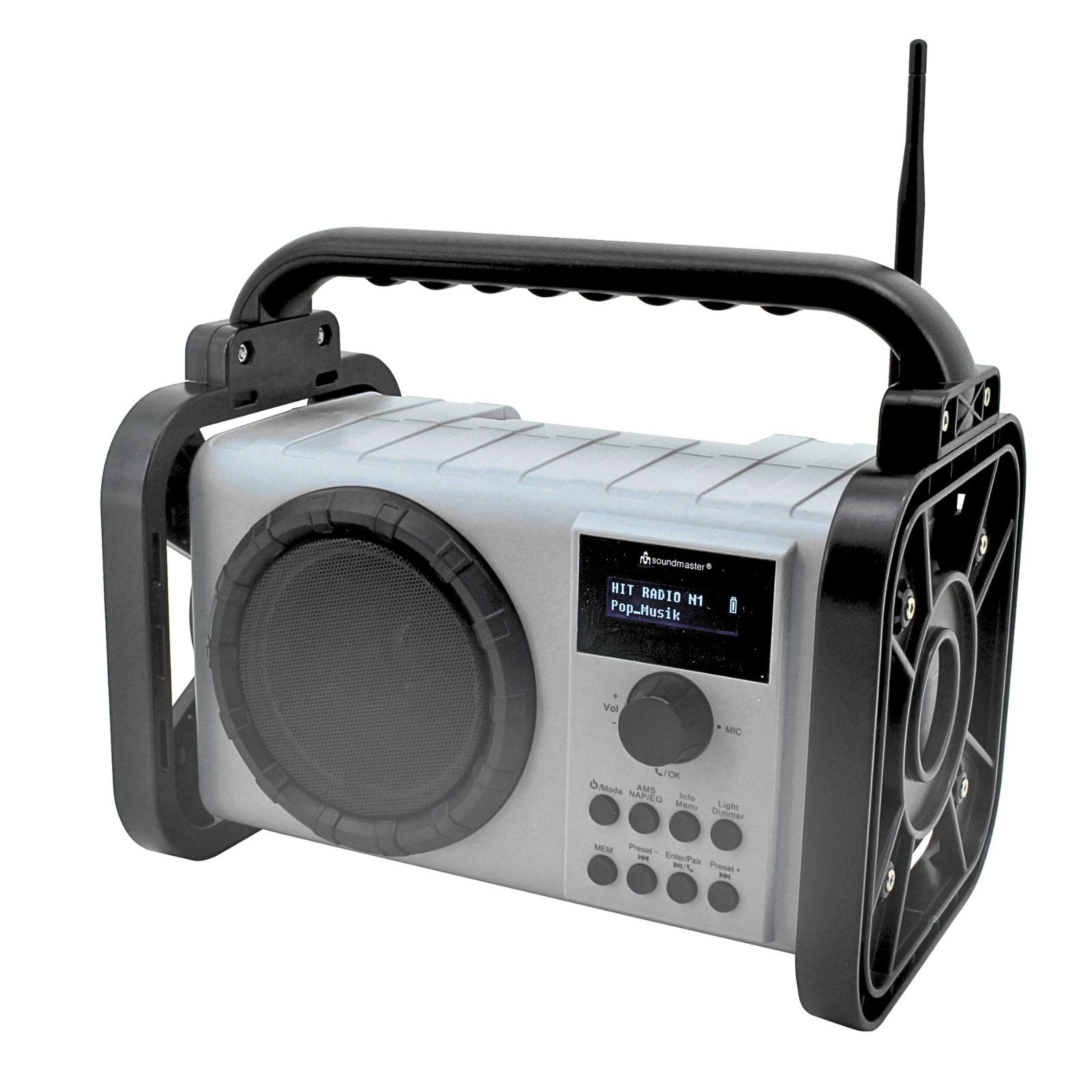 Soundmaster DAB80SG Baustellenradio Baustellenradio Gartenradio Digitalradio DAB+ UKW-RDS Bluetooth Li-Ion Akku IP44 staub- und spritzwassergeschützt