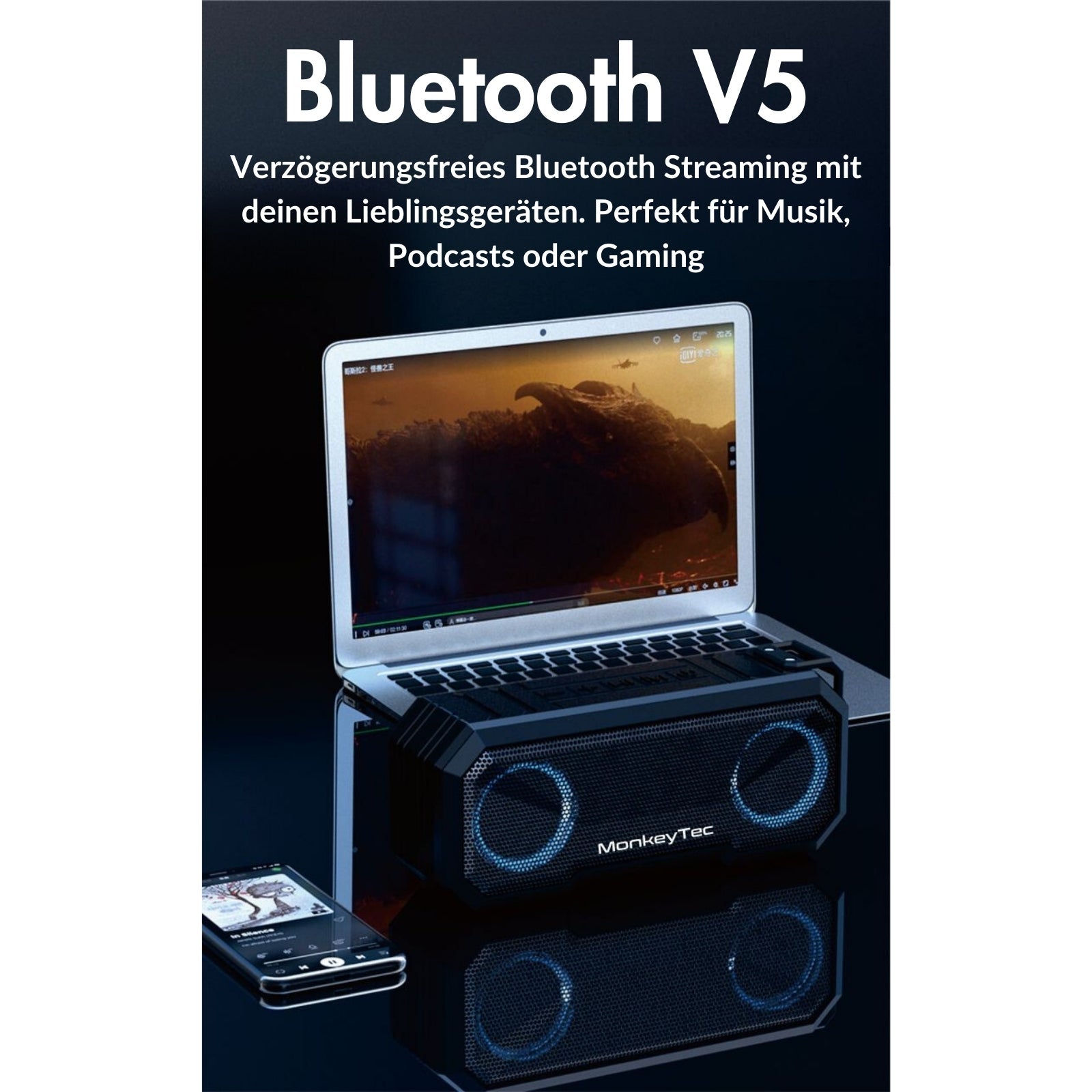 MonkeyTEC TWS-SPK-X8 Bluetooth-Lautsprecher 360°-Sound USB-C AUX IPX7 Wasserdicht Powerbank-Funktion
