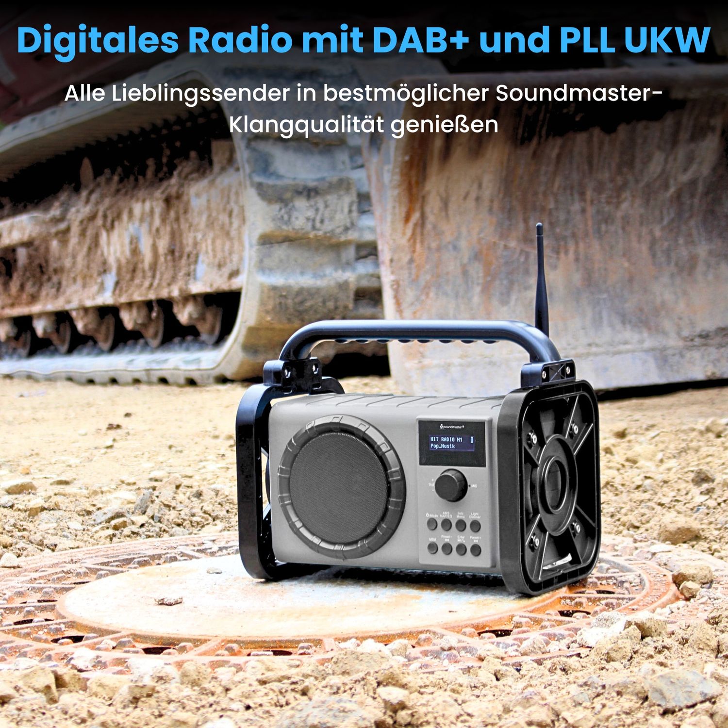 Soundmaster DAB80SG Baustellenradio Baustellenradio Gartenradio Digitalradio DAB+ UKW-RDS Bluetooth Li-Ion Akku IP44 staub- und spritzwassergeschützt