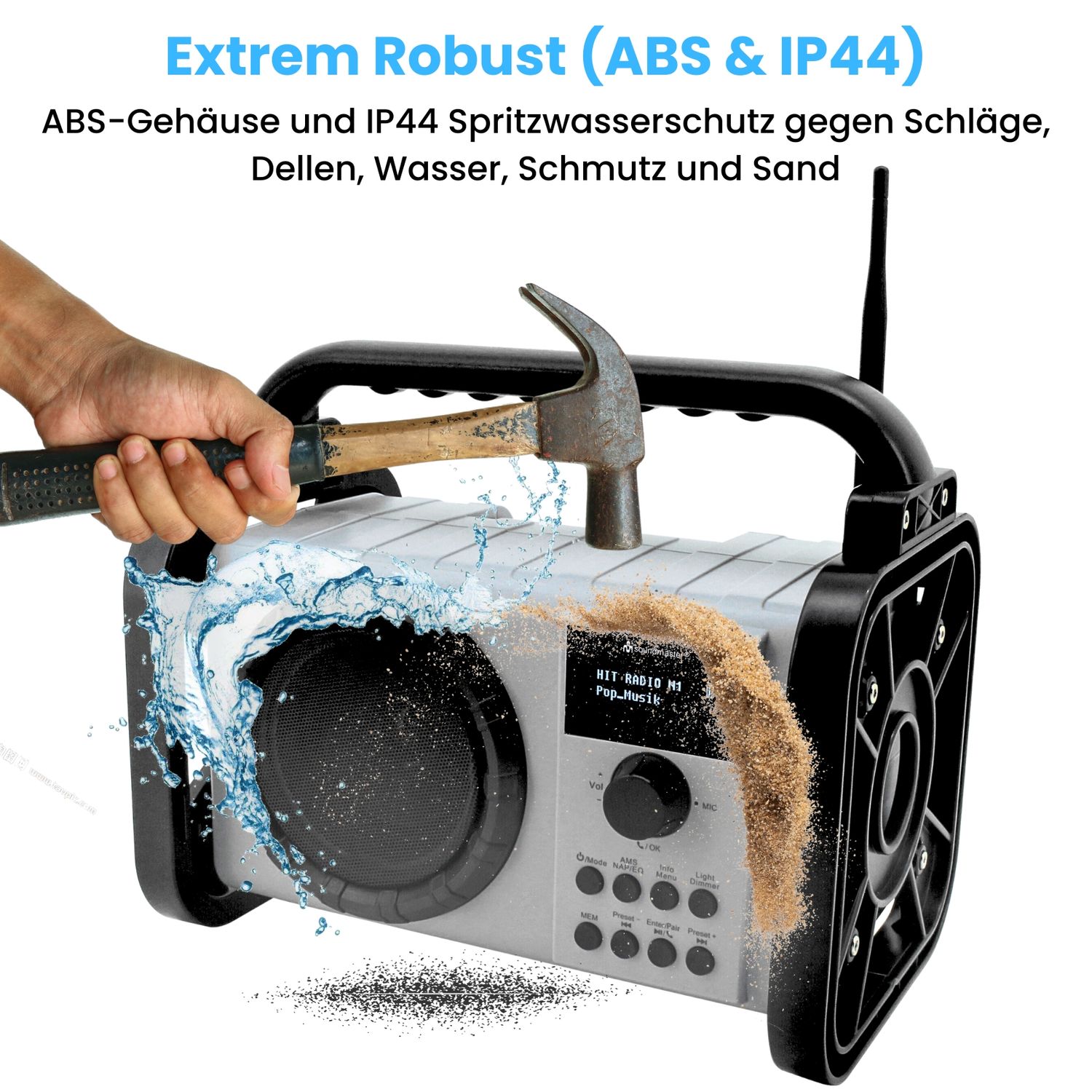 Soundmaster DAB80SW Baustellenradio Baustellenradio Gartenradio Digitalradio DAB+ UKW-RDS Bluetooth Li-Ion Akku IP44 staub- und spritzwassergeschützt