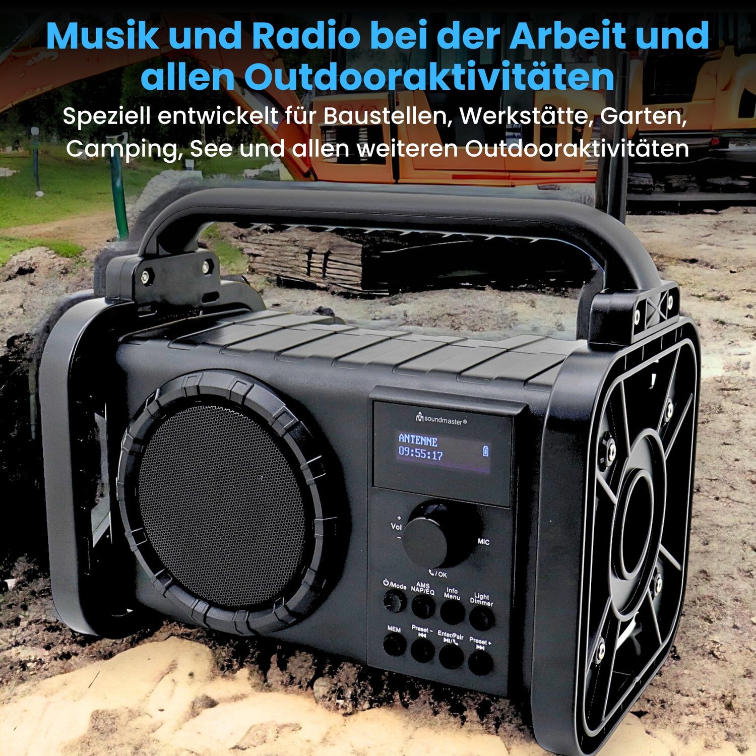 Soundmaster DAB80SW Baustellenradio Baustellenradio Gartenradio Digitalradio DAB+ UKW-RDS Bluetooth Li-Ion Akku IP44 staub- und spritzwassergeschützt