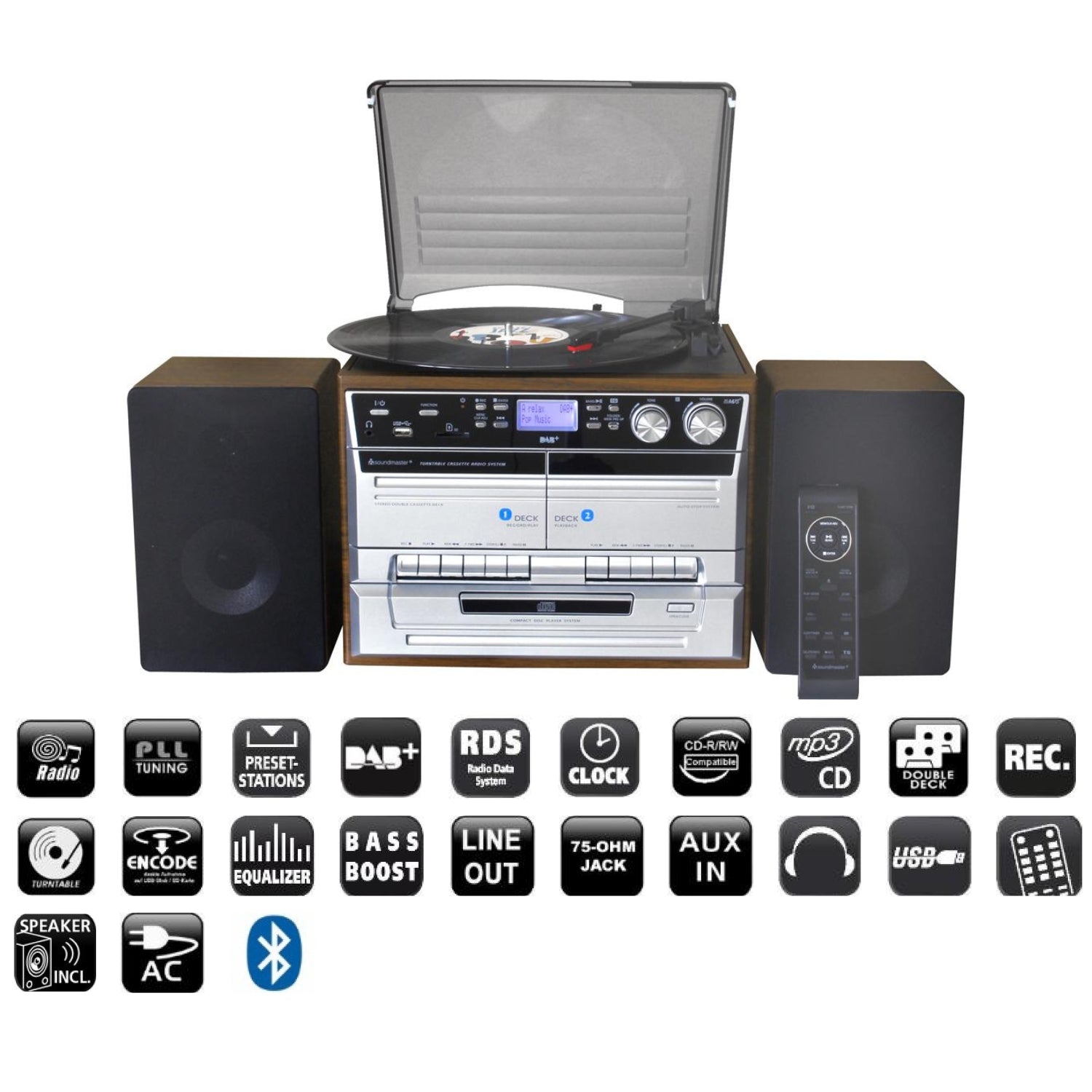 Soundmaster MCD5550DBR Plattenspieler Stereoanlage DAB+ Doppelkassette CD-Player USB Bluetooth Encoding Digitalisierung