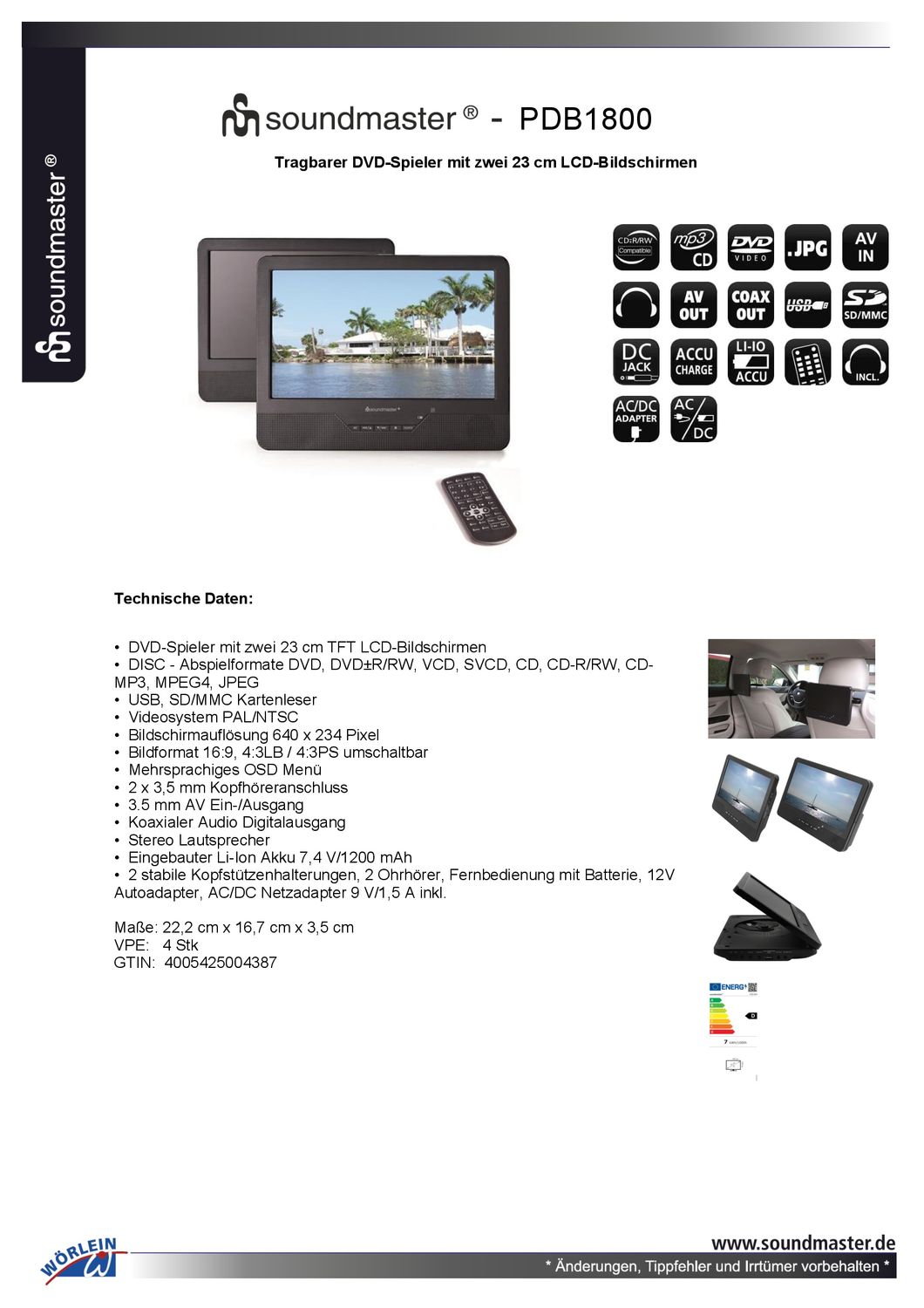 Soundmaster PDB1800 portabler DVD-Player 2 Monitore TFT Bildschirm Kopfstützenhalterung eigebauter Akku LiPo