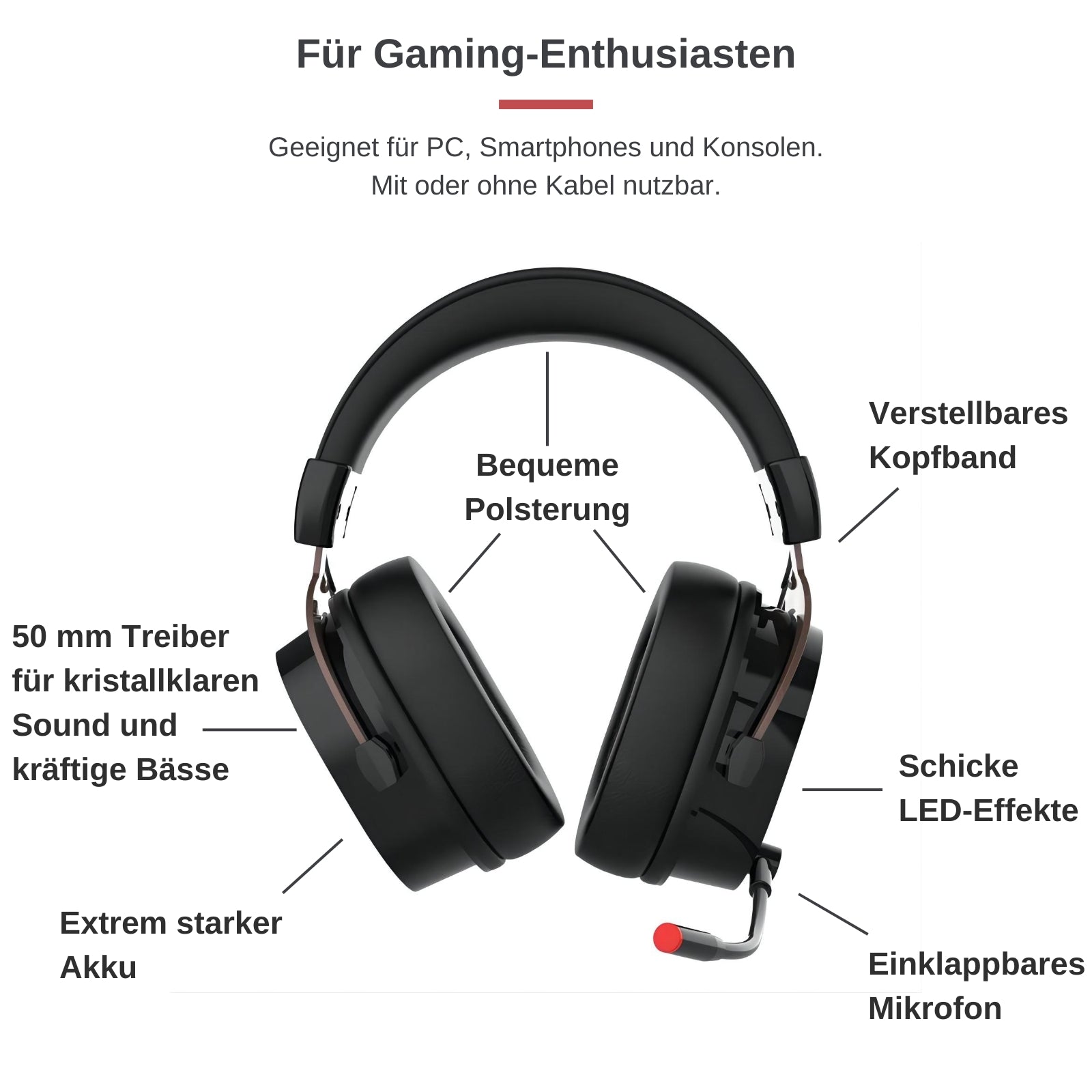 MonkeyTEC Bluetooth Wireless Gaming Headset Microphone Headphones G1000 LED Effect Wireless Gaming