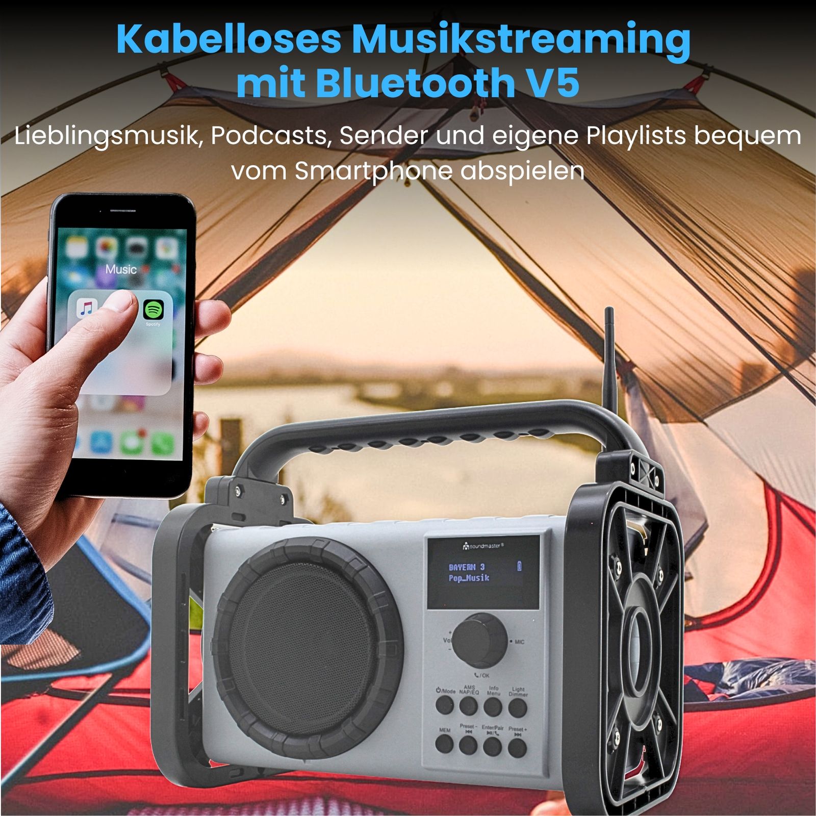 Radio de chantier Soundmaster DAB80SG avec DAB+ FM Bluetooth et batterie Li-Ion IP44 étanche à la poussière et aux éclaboussures
