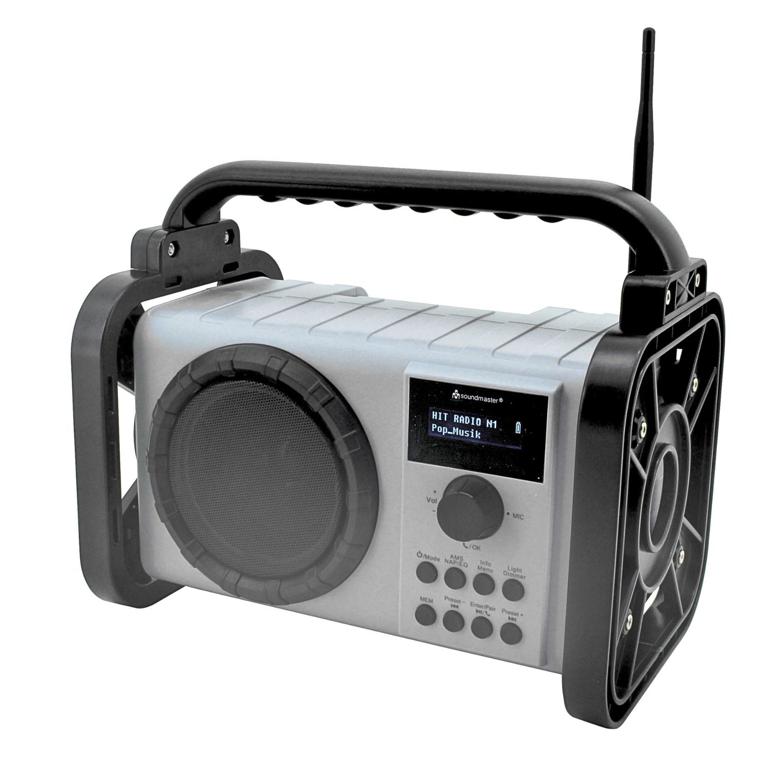 B-WARE Soundmaster DAB80SG Baustellenradio mit DAB+ UKW Bluetooth und Li-Ion Akku IP44 staub- und spritzwassergeschützt