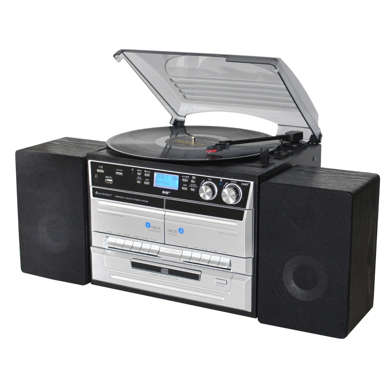B-ITEM Soundmaster MCD5550SW stereo system DAB+ double cassette Bluetooth CD MP3 turntable USB encoding digitization