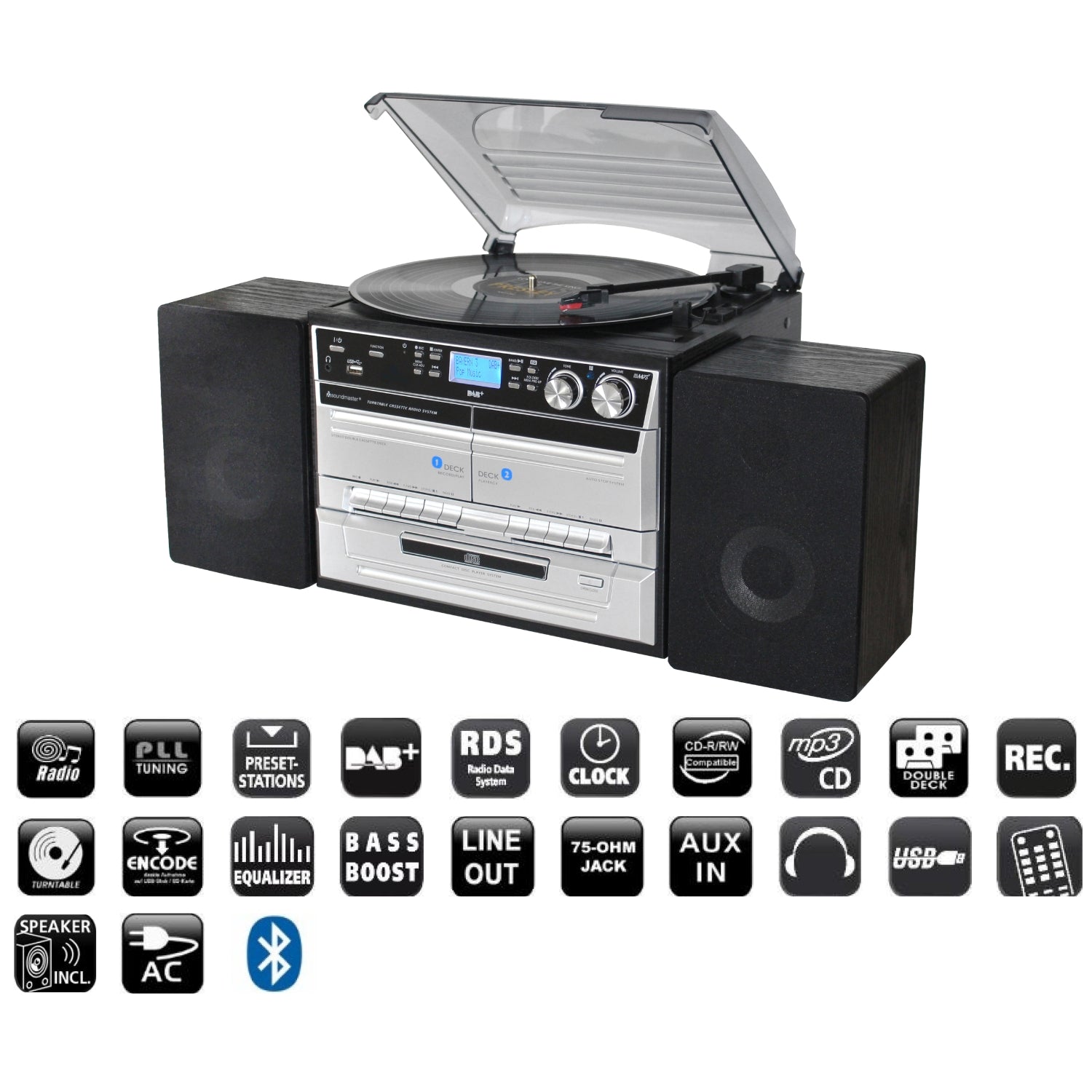 B-ITEM Soundmaster MCD5550SW stereo system DAB+ double cassette Bluetooth CD MP3 turntable USB encoding digitization