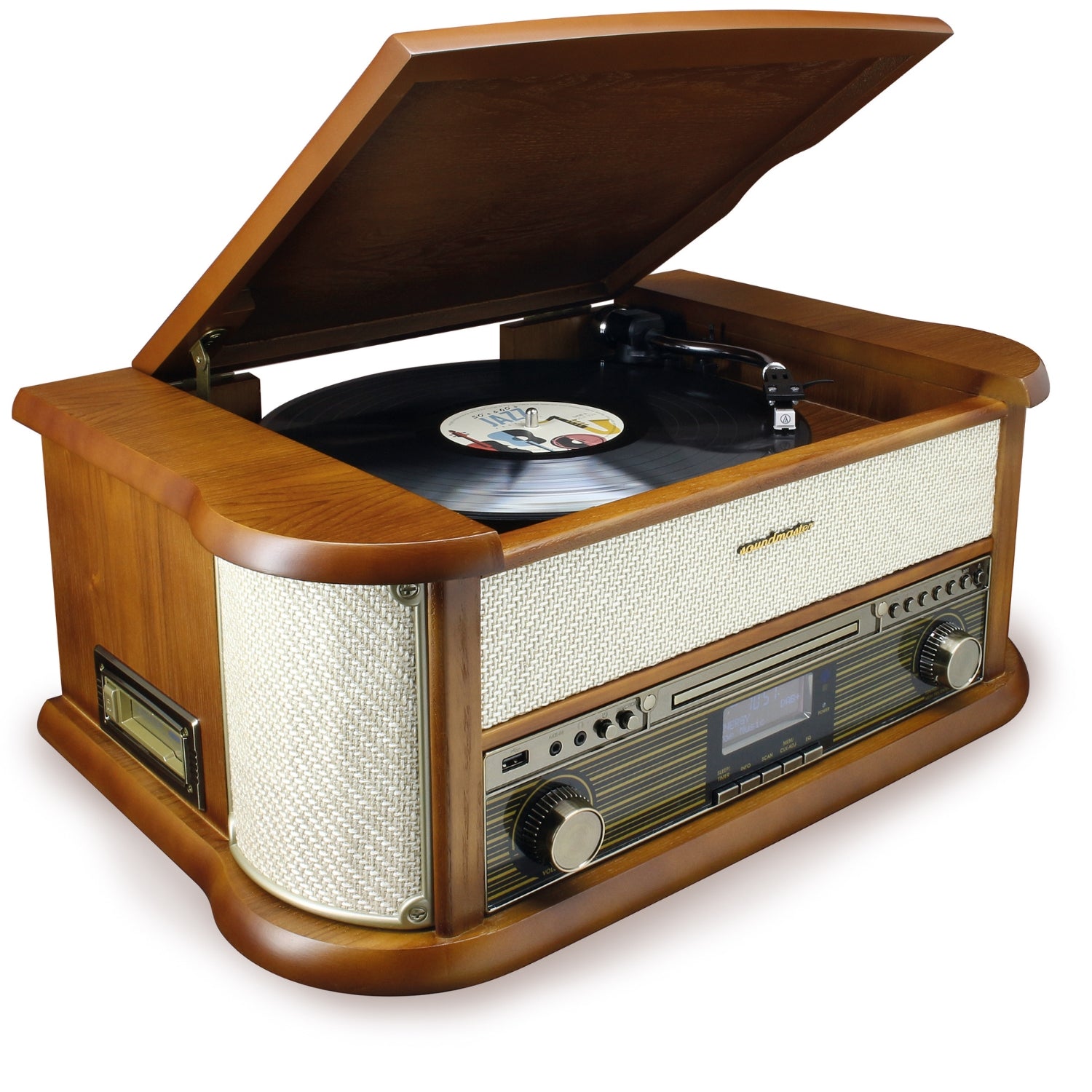 Radio numérique DAB+/FM stéréo nostalgique Soundmaster NR546BE avec platine vinyle, système de lecture magnétique Audio Technica, CD/MP3, USB, cassette, Bluetooth et encodage