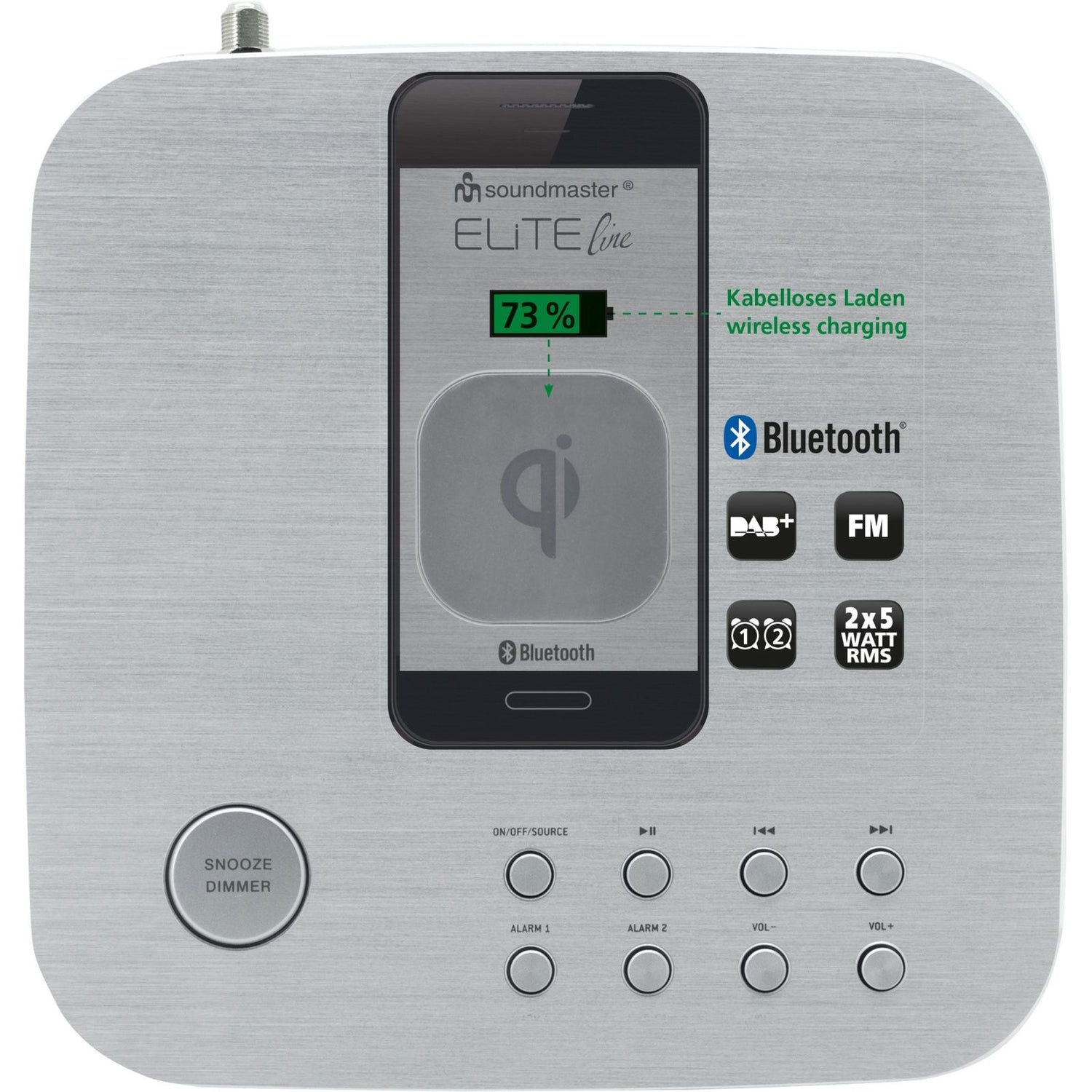 Soundmaster EliteLine UR411SI Soundstarkes DAB+ und UKW Uhrenradio mit Bluetooth und QI Ladestation