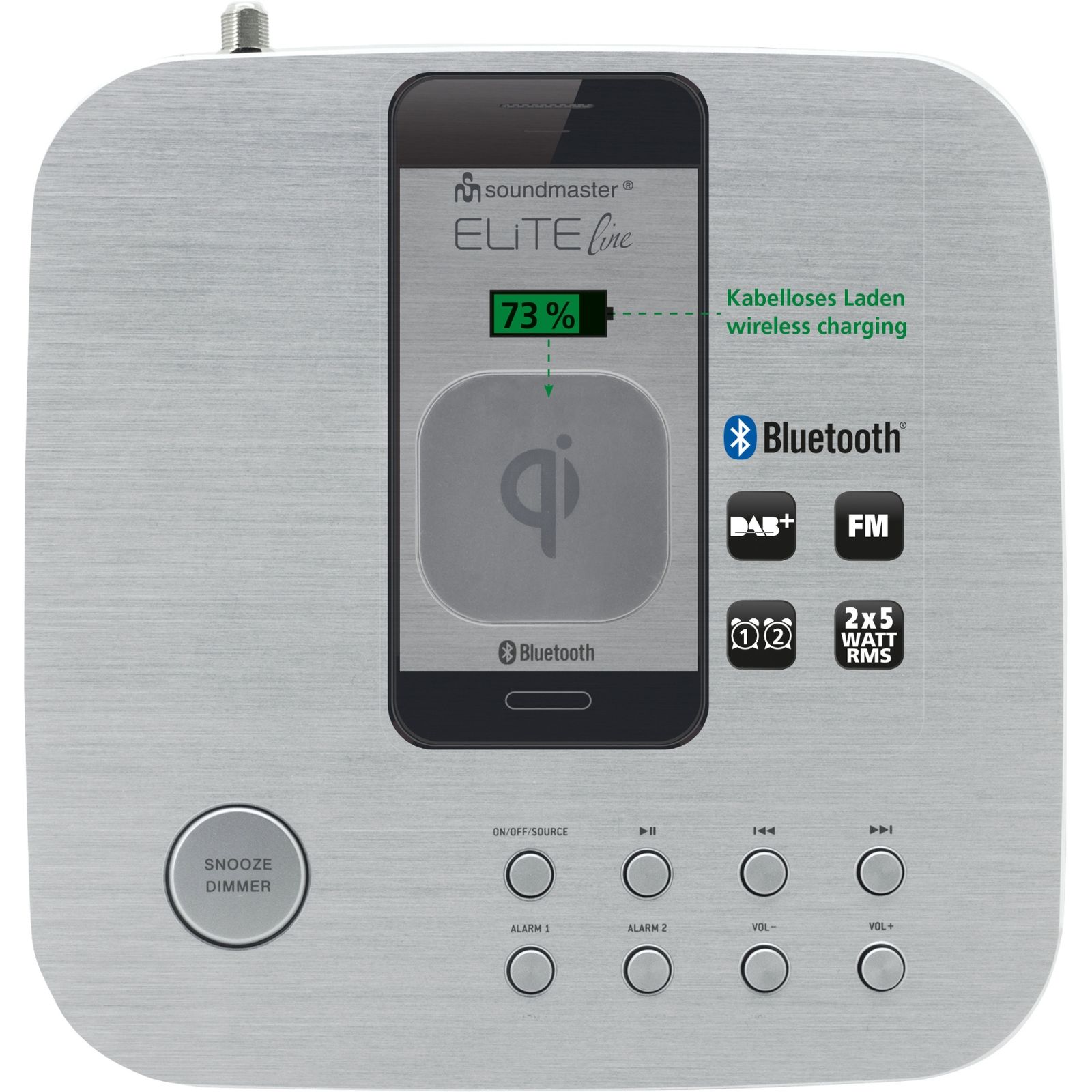 Soundmaster EliteLine UR411SI Radiowecker Uhrenradio Gangreserve DAB+ UKW USB AUX Bluetooth Smartphone-Ladefläche Fernbedienung 2x5 Watt RMS
