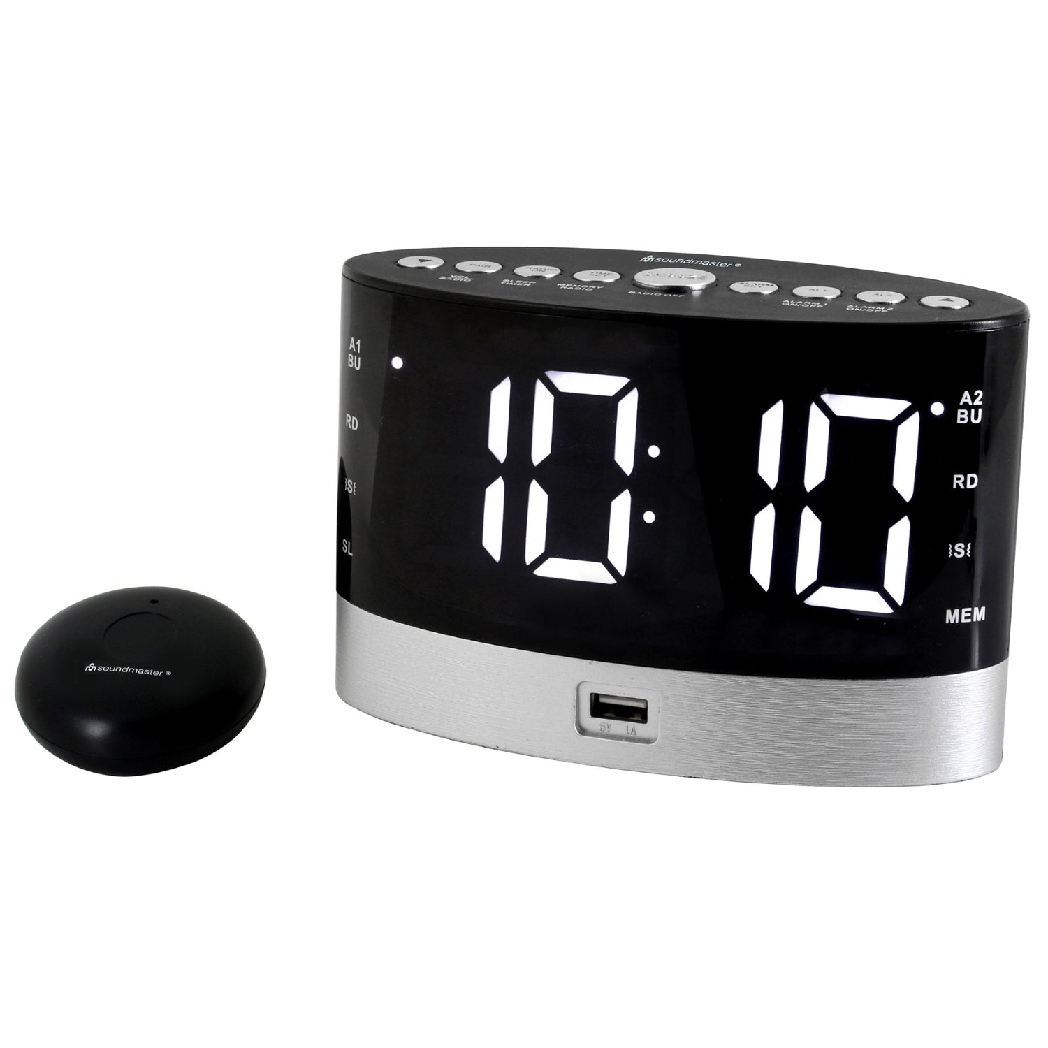 Soundmaster UR580SW FM radio alarm clock for the hearing impaired with cordless vibration pillow