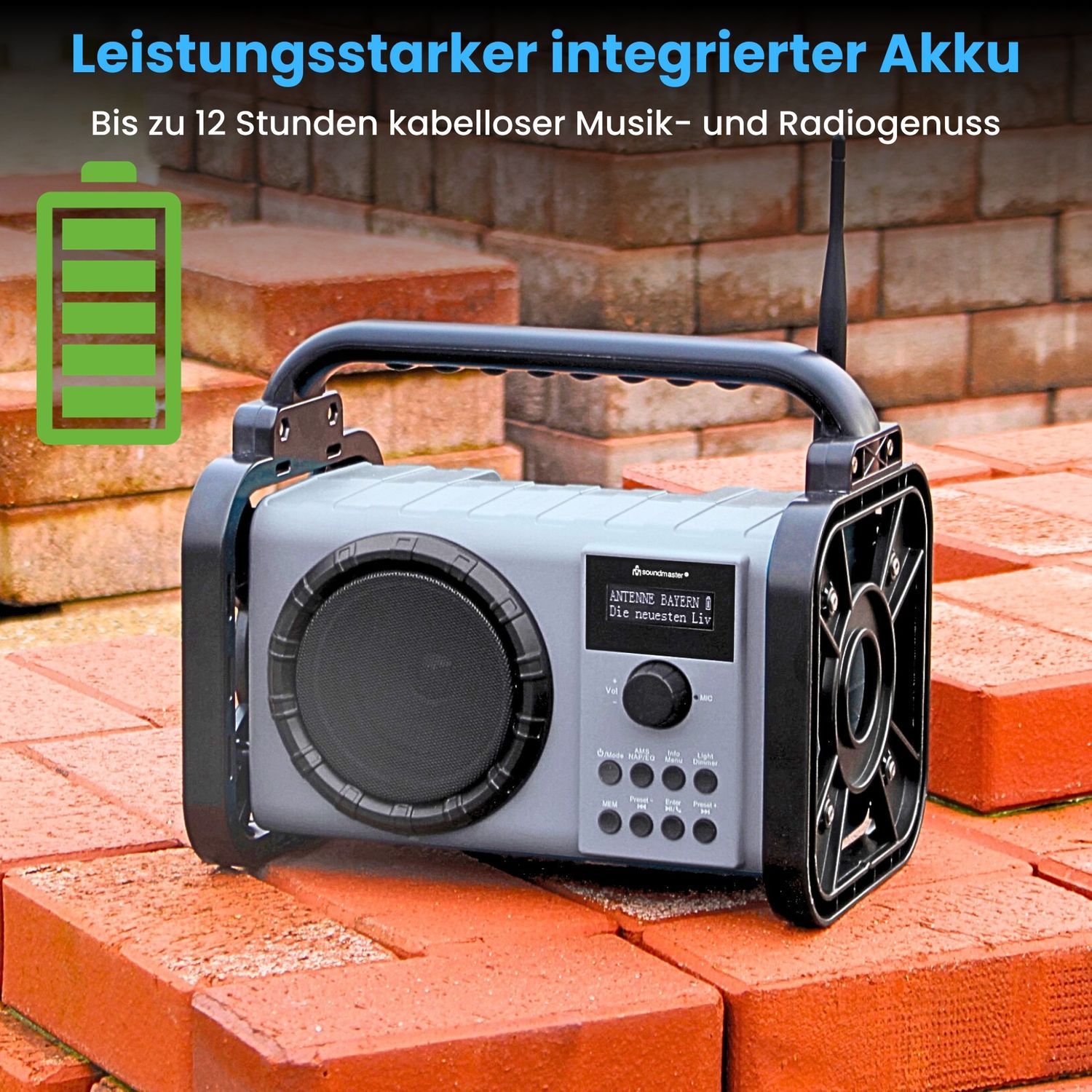 Radio de chantier Soundmaster DAB80OR avec DAB+ FM Bluetooth et batterie Li-Ion IP44 résistante à la poussière et aux éclaboussures