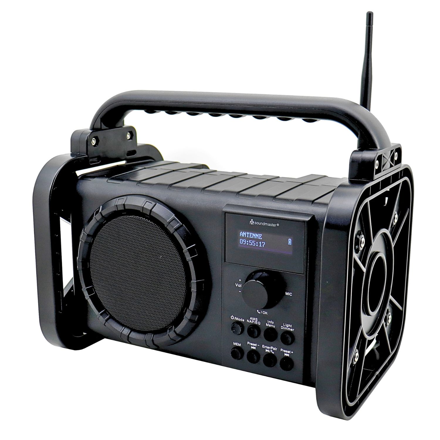Radio de chantier Soundmaster DAB80SW avec DAB+ FM Bluetooth et batterie Li-Ion IP44 résistante à la poussière et aux éclaboussures