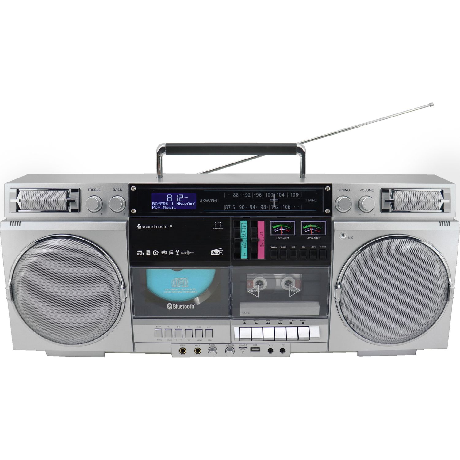 Soundmaster SCD1980SI Ghettoblaster Boombox DAB+ CD MP3 Enregistreur cassette portable Encodage USB Connexion microphone bass-reflex karaoké